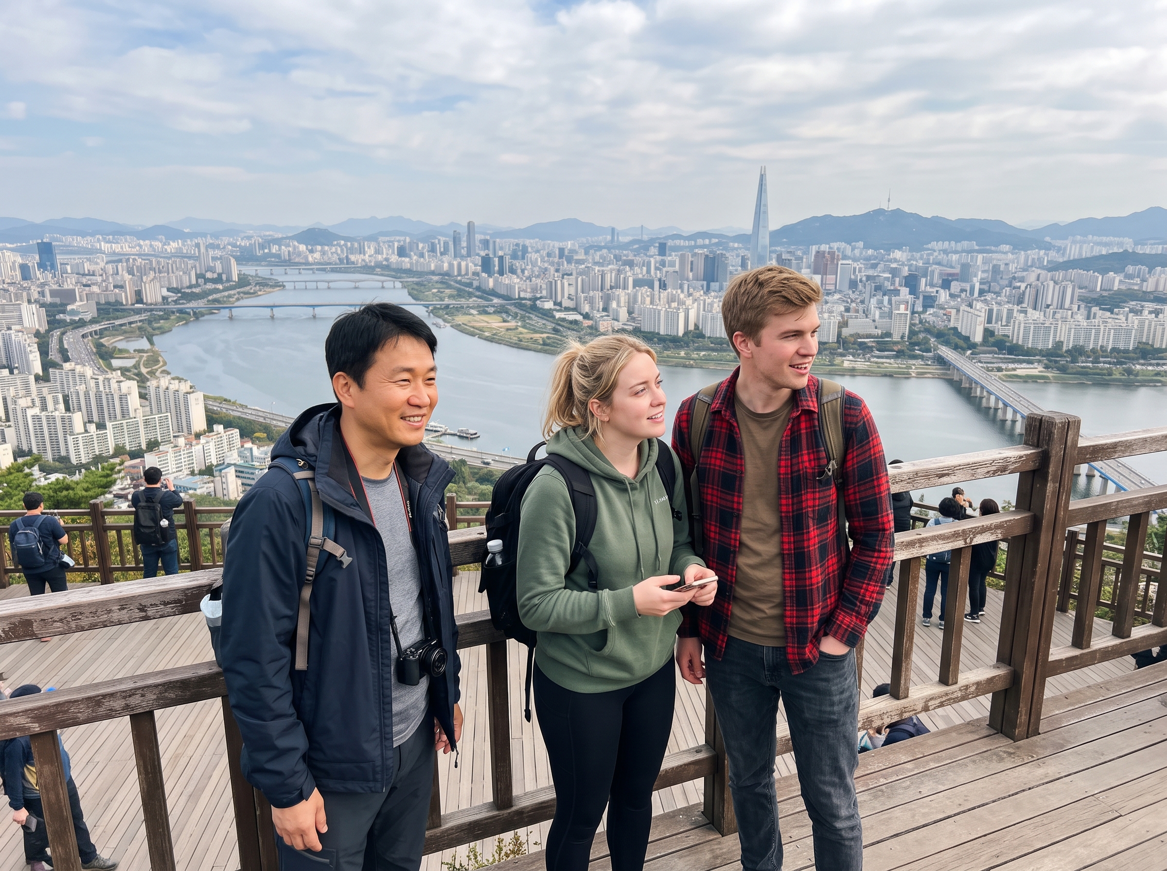 Family visiting a mountain temple with their guide