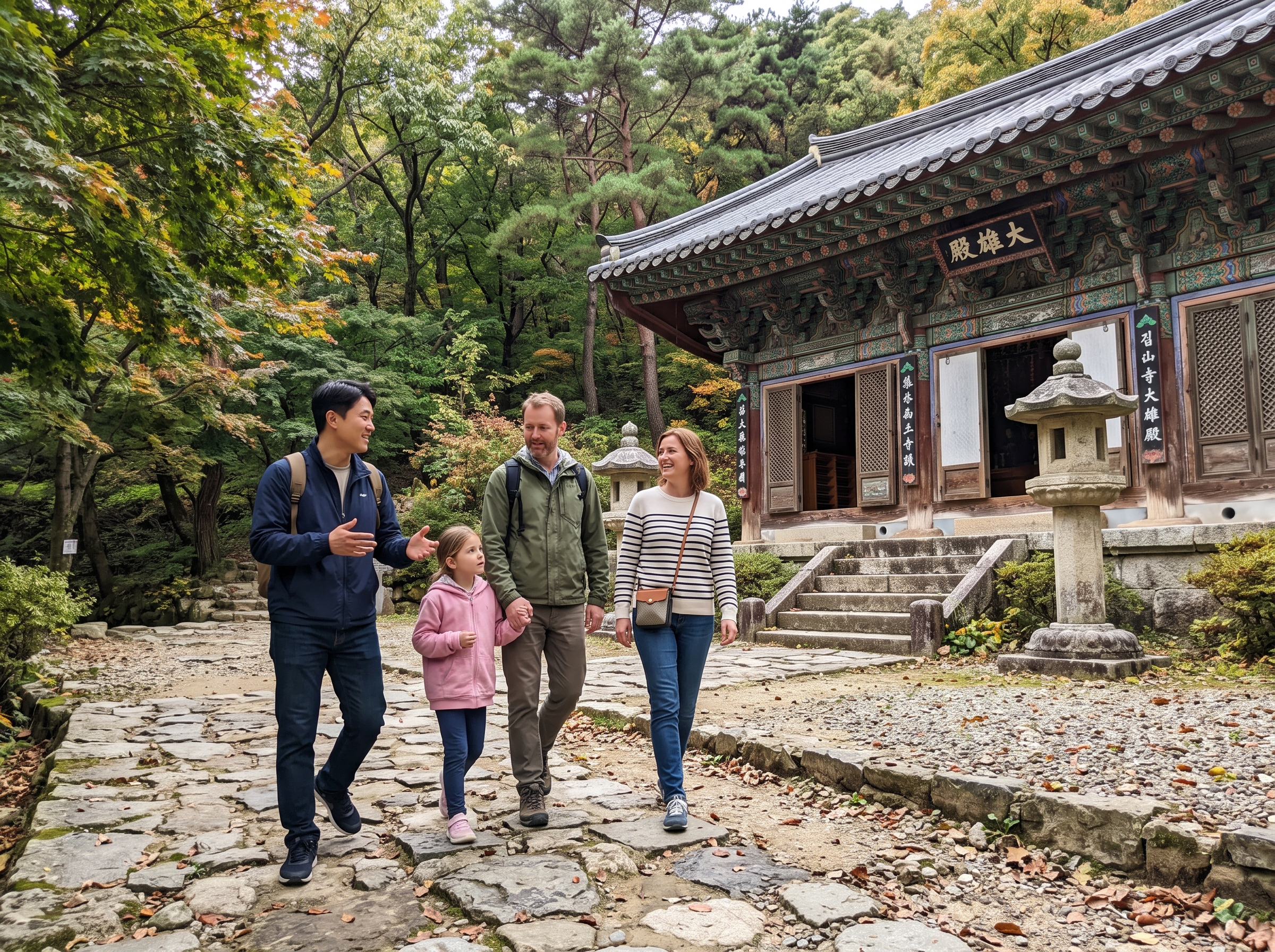 Family hiking a forest trail with their guide